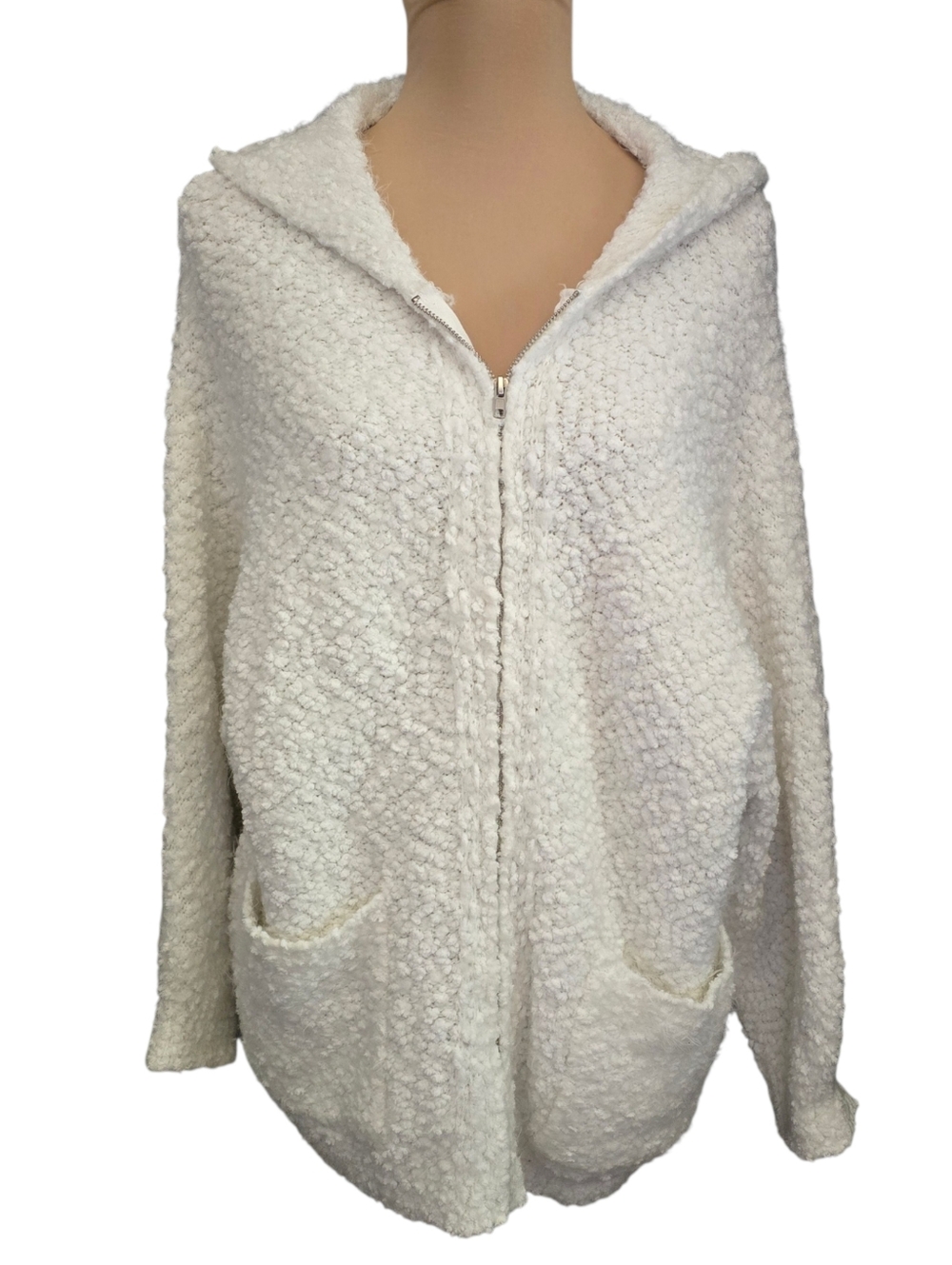 The Linen Duck White Sherpa Like Full Zip Jacket With Hood And Pockets - Small